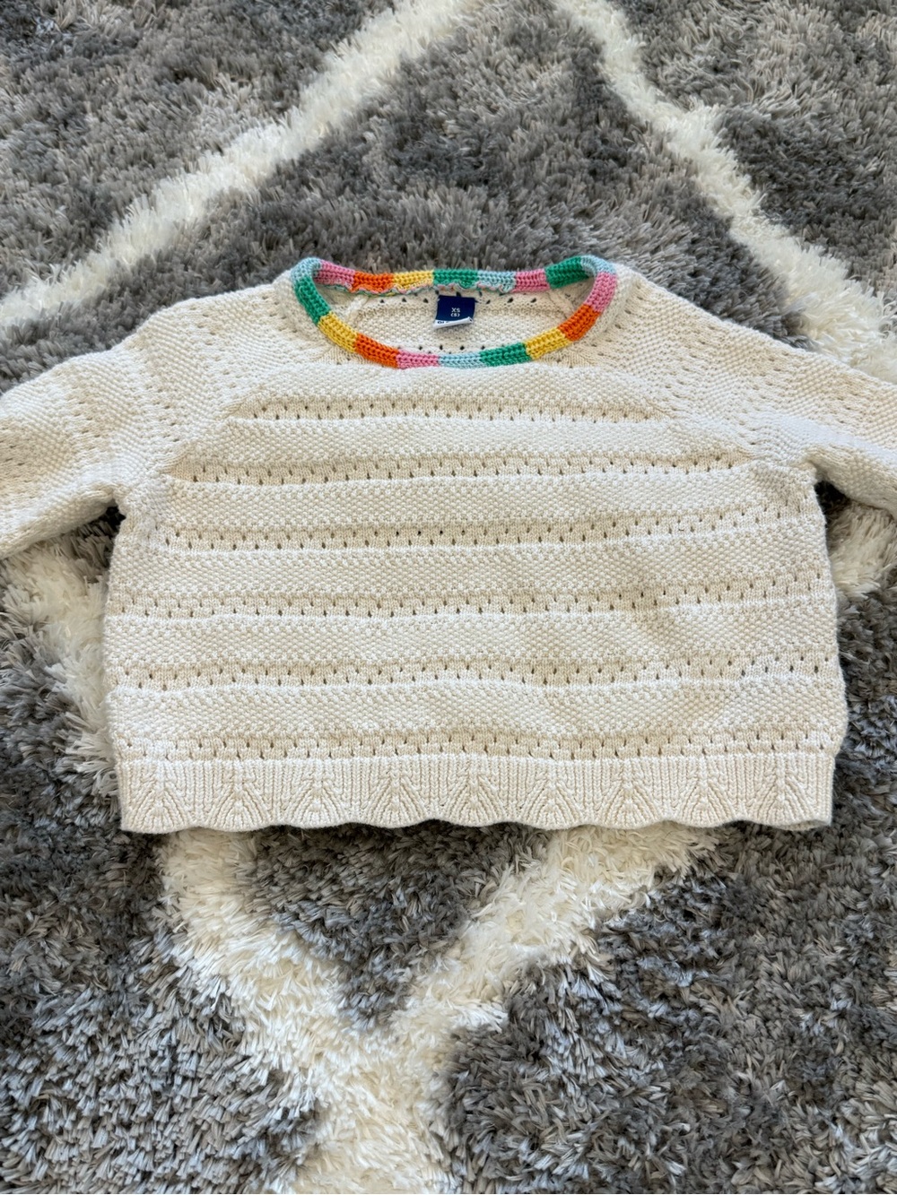 Girls White Knit Sweater with Rainbow Trim